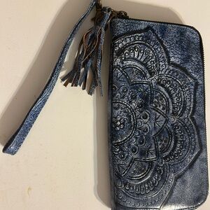 Blue Embossed Wristlet Wallet